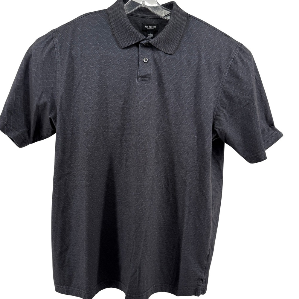 Van Heusen Mens Large Charcoal Grey Diamond Grid Textured Polo Short Sleeve